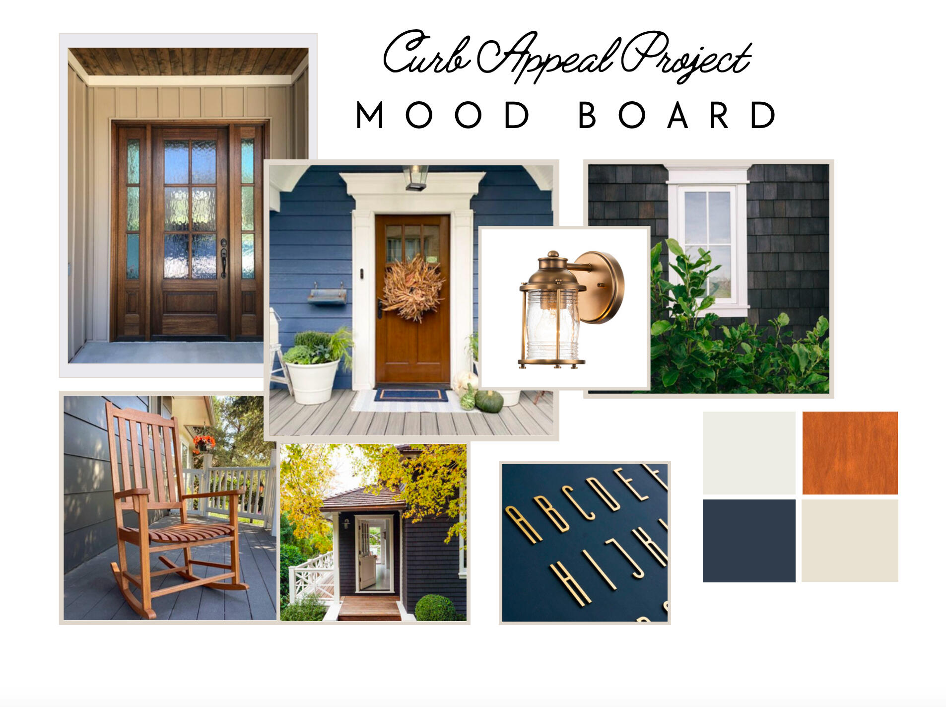 The client&#39;s goal was classic curb appeal with warmth and character. The Unstuck solution was navy siding, bright white trim, brass details, and natural wood for balance.